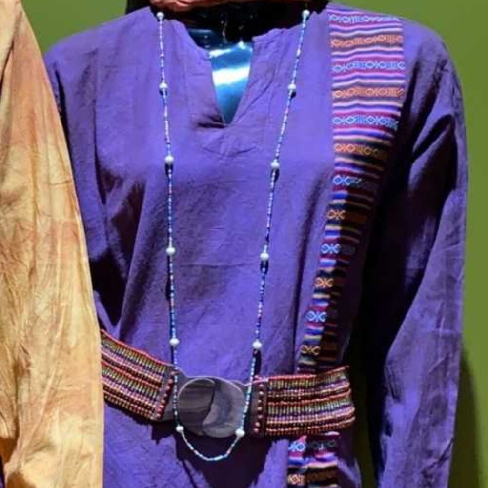 Cotton Bhutani Trim Long-Sleeve V-Neck Tunic - Tie-Dye (Violet)